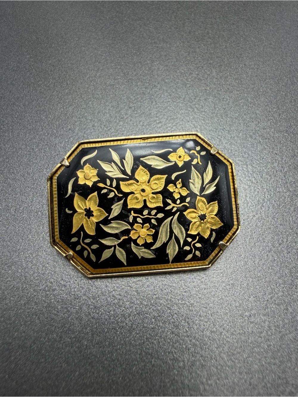 Vintage Damascene Floral Enamel Brooch #14da